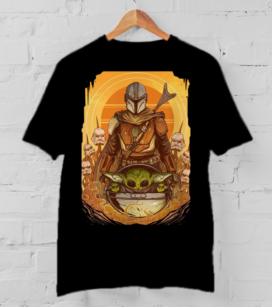 Mandalorian And Baby Yoda With Stormtroopers And Orange Sunset Scene T-Shirt