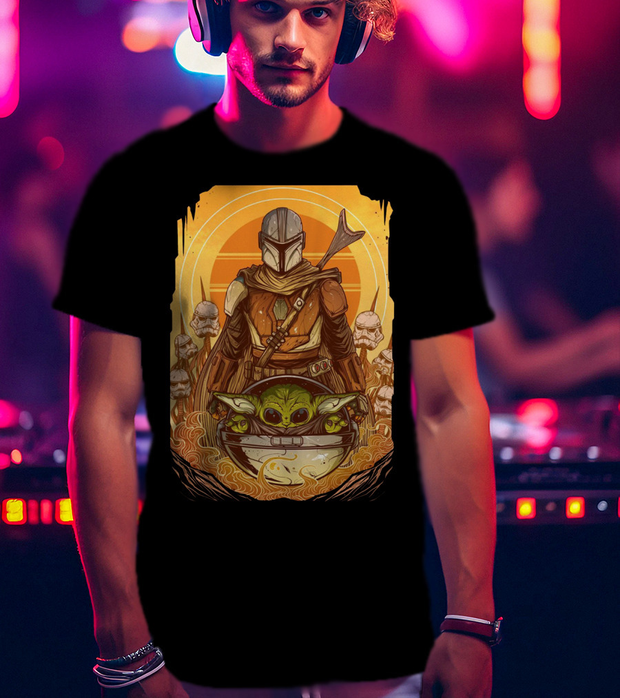 Mandalorian And Baby Yoda With Stormtroopers And Orange Sunset Scene T-Shirt