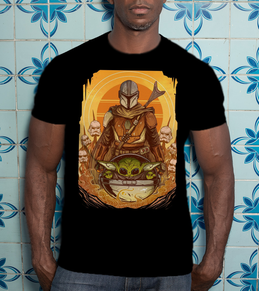 Mandalorian And Baby Yoda With Stormtroopers And Orange Sunset Scene T-Shirt