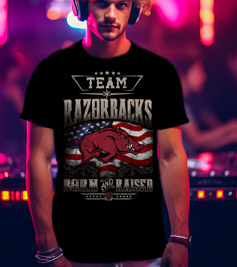 Team Razorbacks Born And Raised American Flag T-Shirt