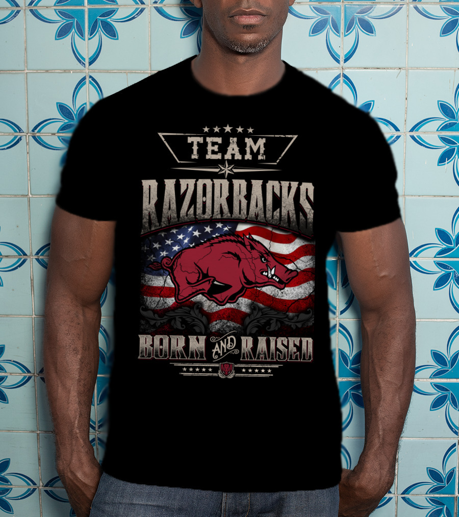 Team Razorbacks Born And Raised American Flag T-Shirt