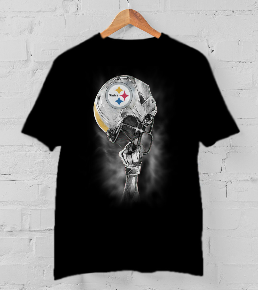 Pittsburgh Steelers Metallic Football Helmet With Steelworker’s Arm Raised High T-Shirt
