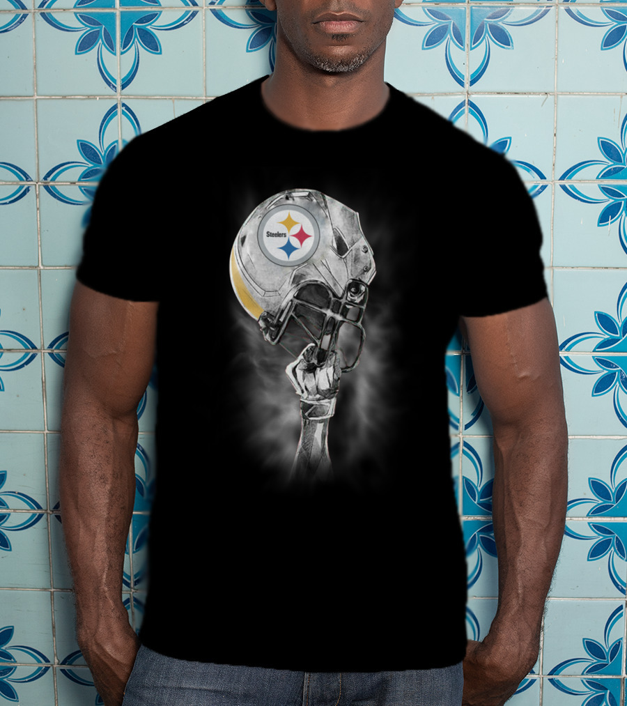 Pittsburgh Steelers Metallic Football Helmet With Steelworker’s Arm Raised High T-Shirt