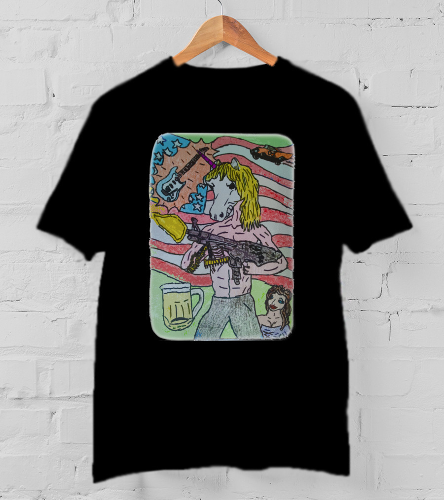 Unicorn Rocker With Guitar And Beer In Hand Against Stars And Stripes With Car T-Shirt