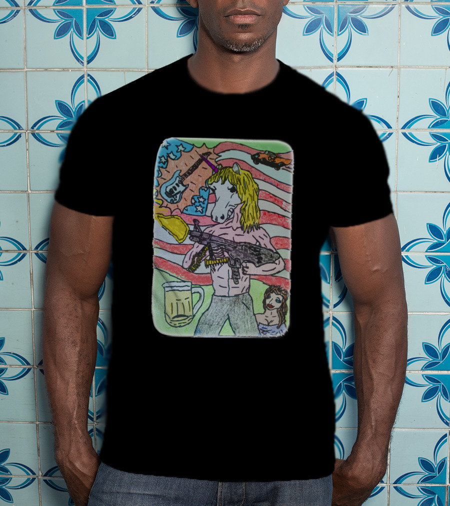 Unicorn Rocker With Guitar And Beer In Hand Against Stars And Stripes With Car T-Shirt
