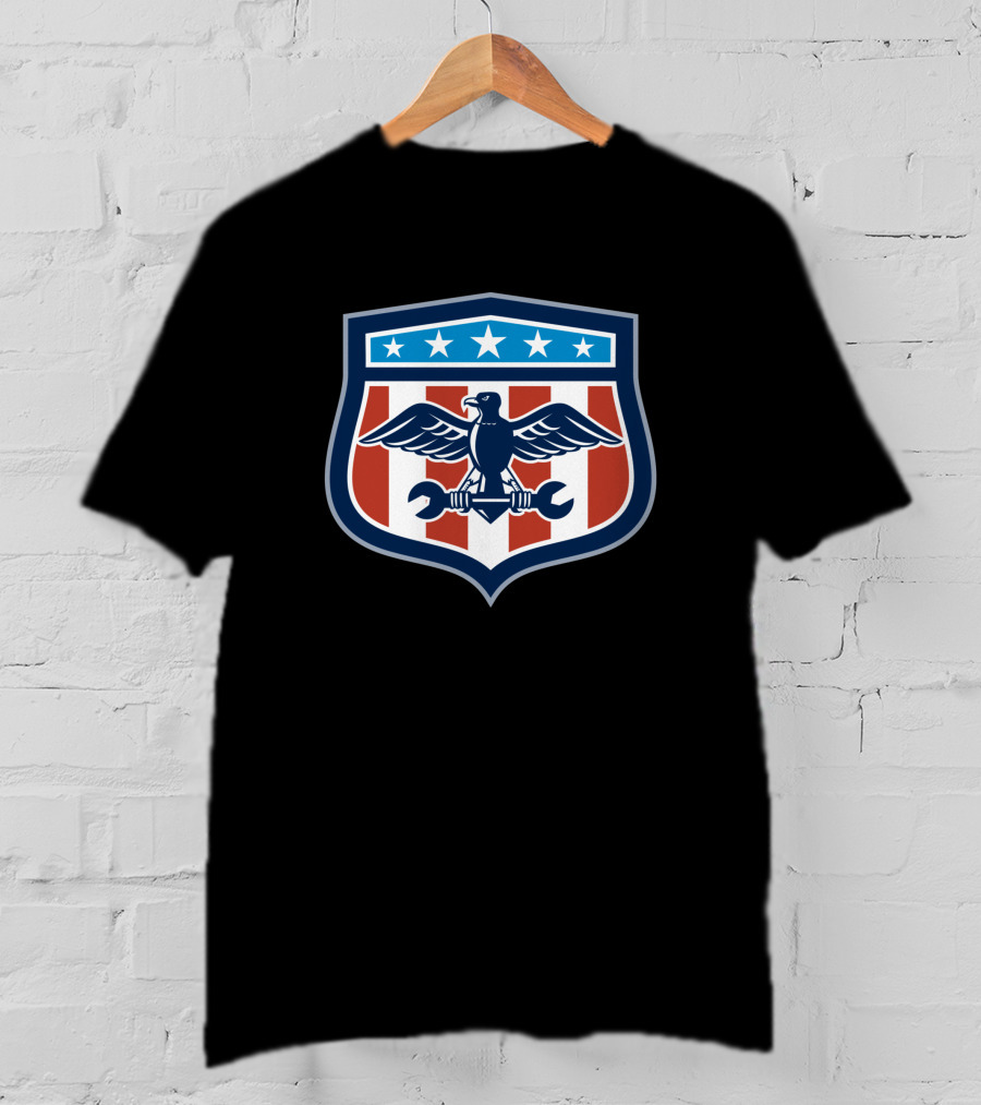 American Eagle Mechanic Crest USA Flag Shield T-Shirt