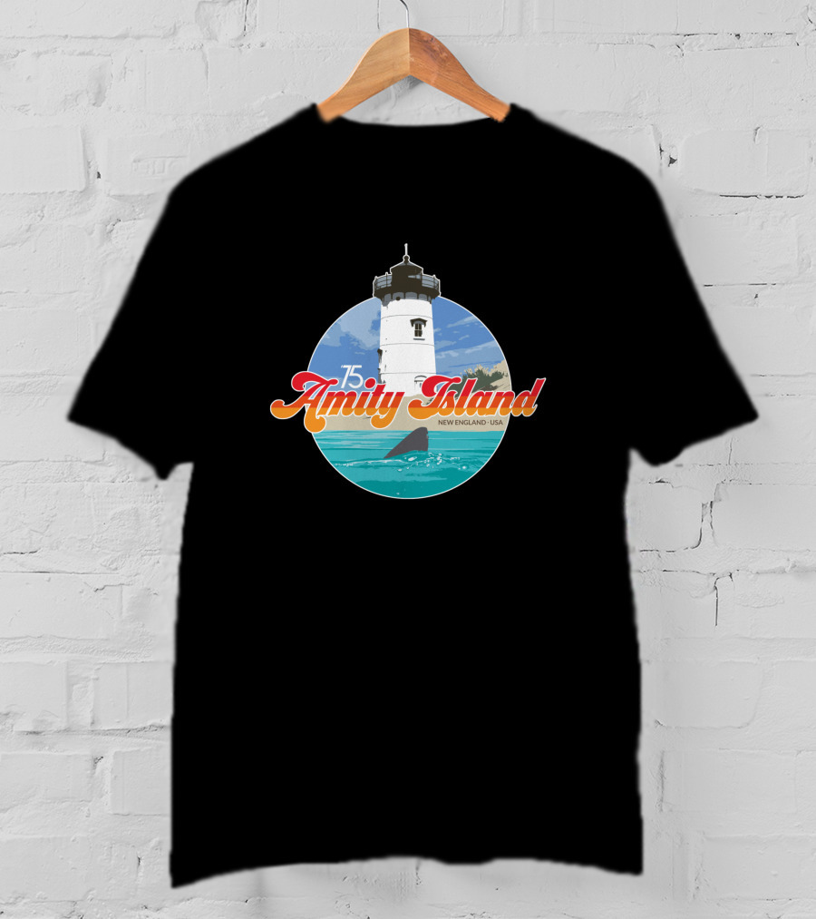 Amity Island 75 New England USA Lighthouse Ocean Scene T-Shirt
