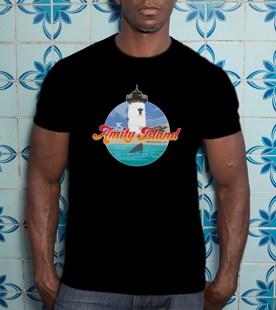 Amity Island 75 New England USA Lighthouse Ocean Scene T-Shirt