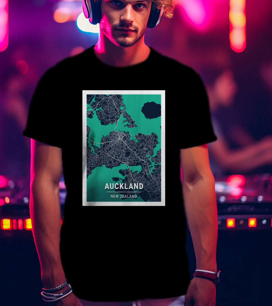 Auckland New Zealand City Map In Blue And Green Outlined T-Shirt