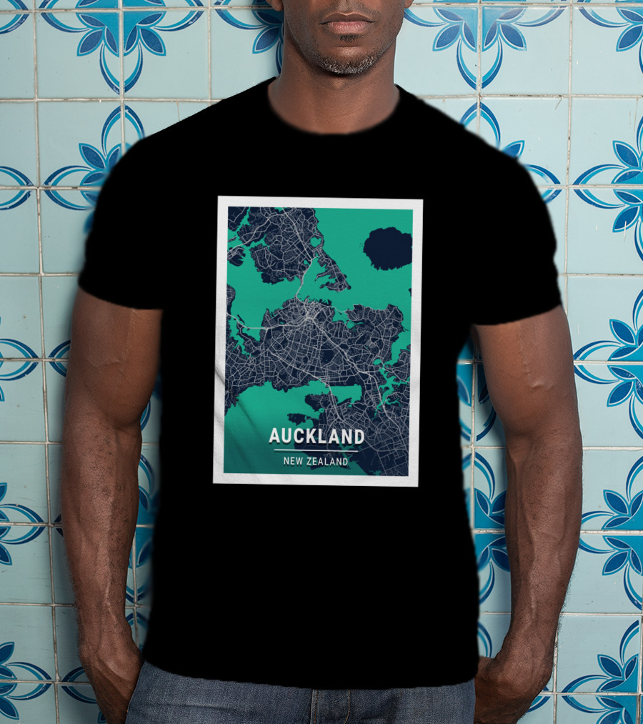 Auckland New Zealand City Map In Blue And Green Outlined T-Shirt