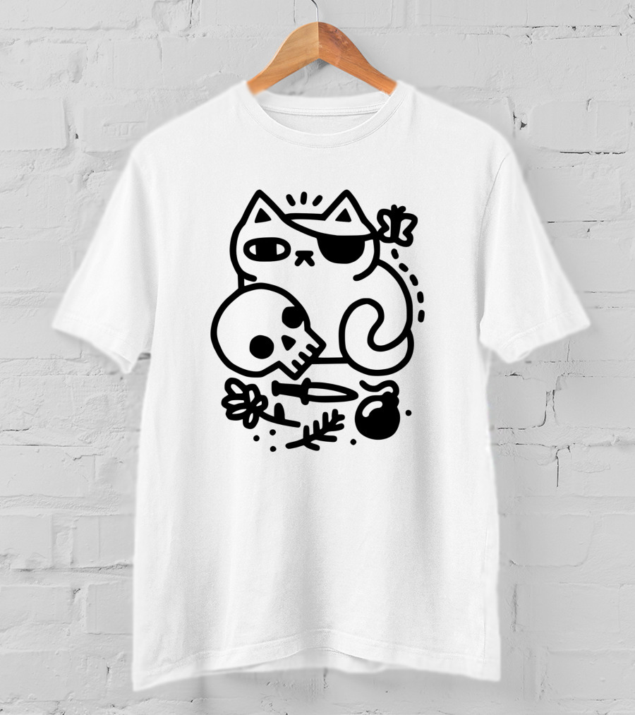 Badass Cat 1740238 Skull Knife Eyepatch Pirate Cat T-Shirt