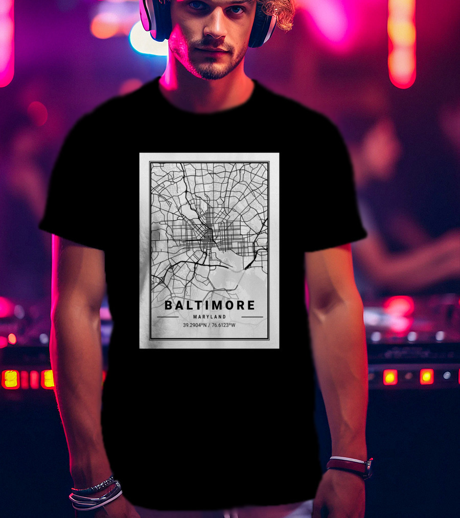 Baltimore Maryland City Map Coordinates 39.2904°N 76.6123°W T-Shirt