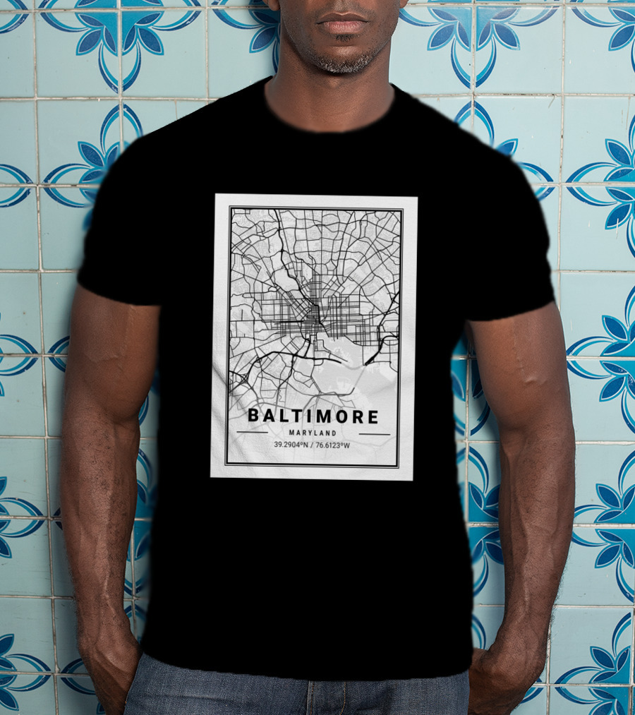 Baltimore Maryland City Map Coordinates 39.2904°N 76.6123°W T-Shirt