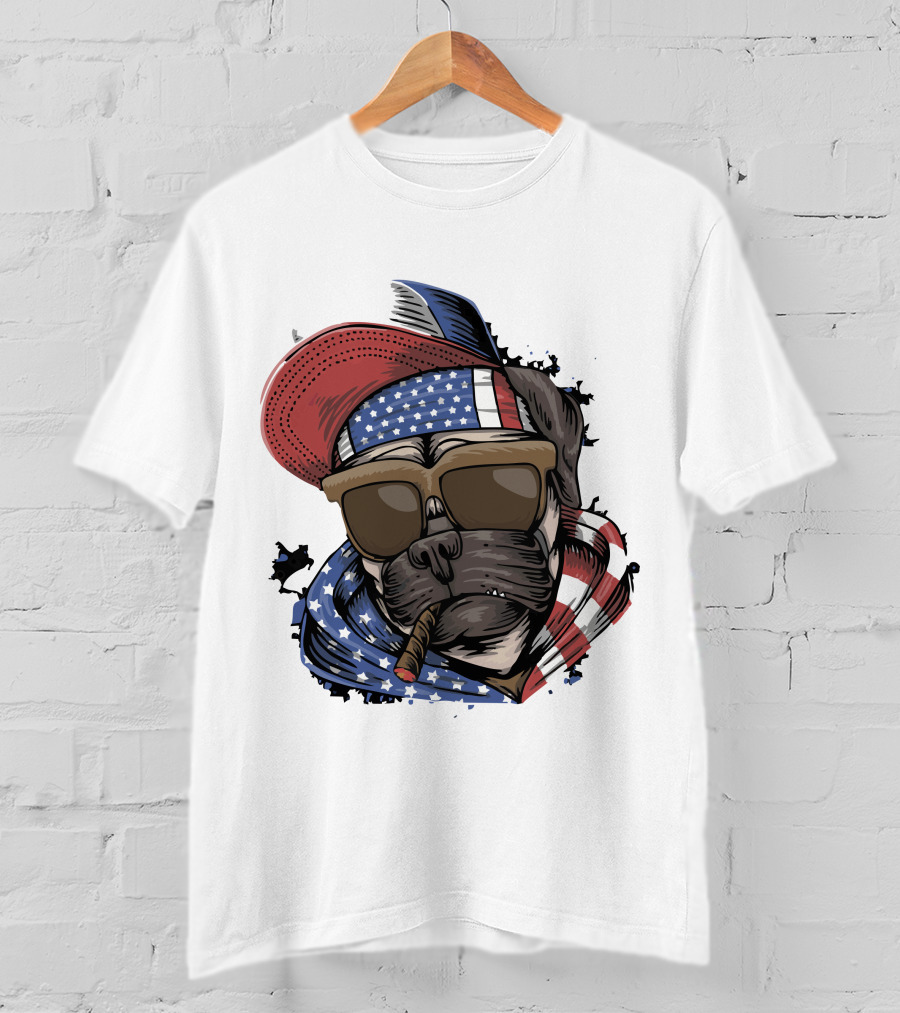Pit Bull Boss American Flag Sunglasses Bandana Cigar Cool Dog T-Shirt