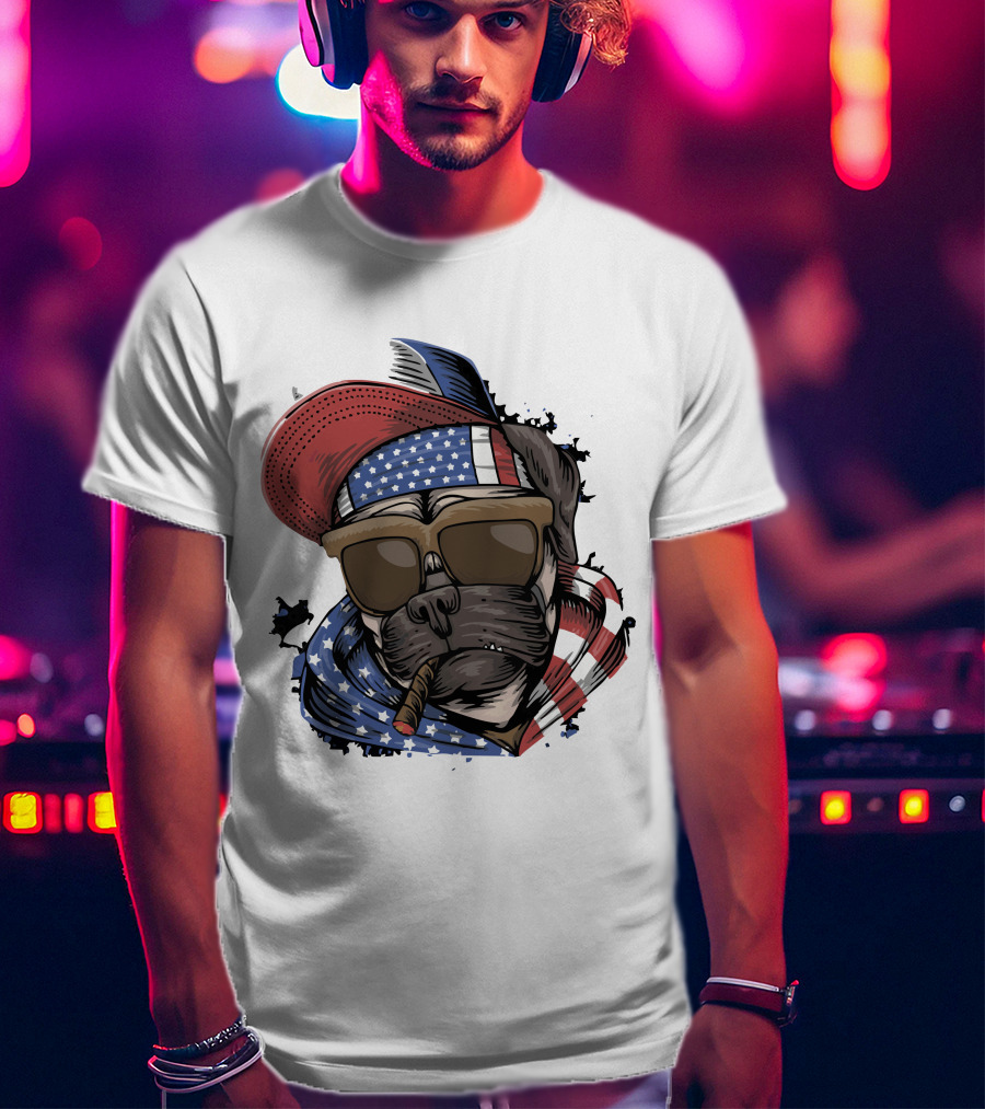 Pit Bull Boss American Flag Sunglasses Bandana Cigar Cool Dog T-Shirt