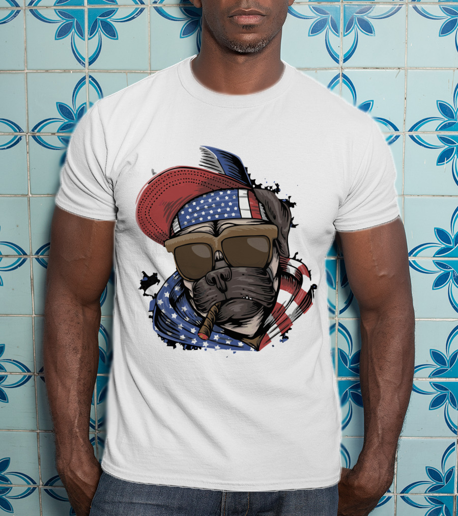 Pit Bull Boss American Flag Sunglasses Bandana Cigar Cool Dog T-Shirt