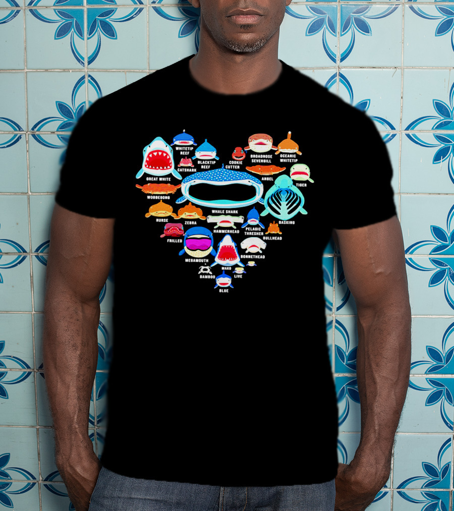 Love Great White Hammerhead Whale Shark Faces T-Shirt