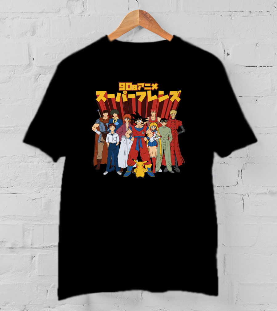 90s Anime Super Friends Characters Pikachu Japanese Text T-Shirt