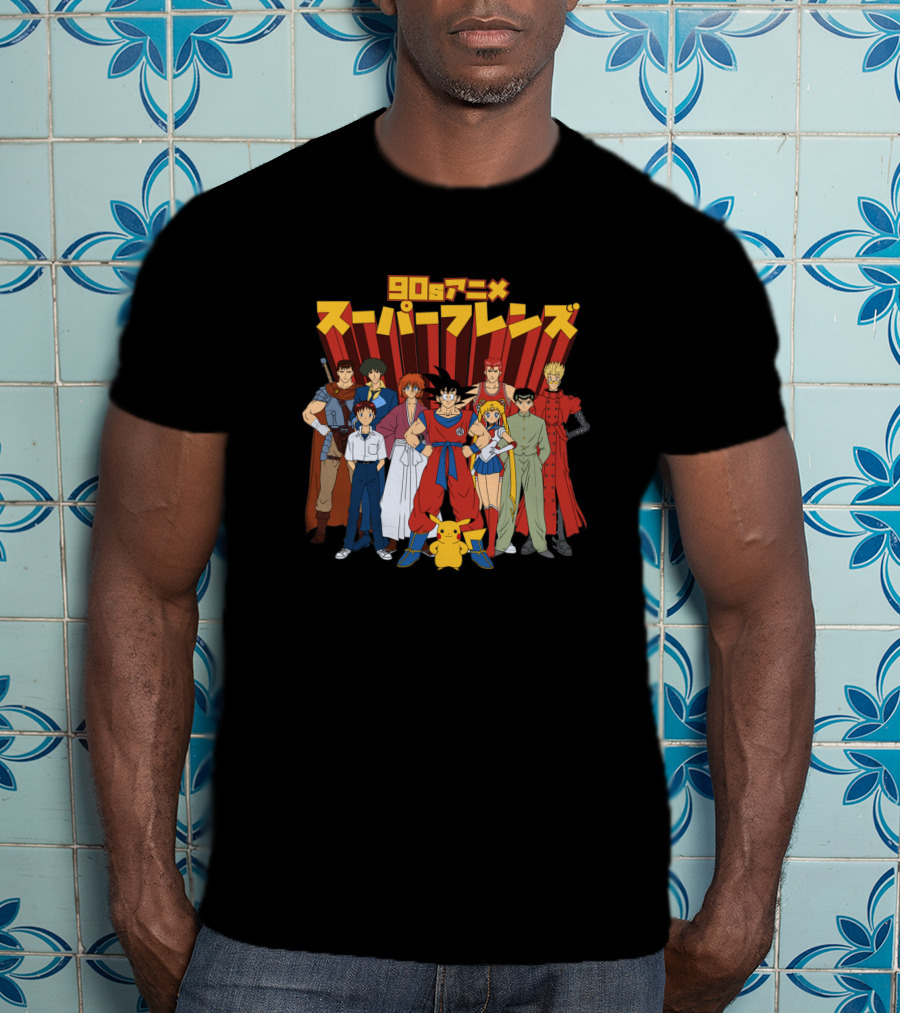 90s Anime Super Friends Characters Pikachu Japanese Text T-Shirt
