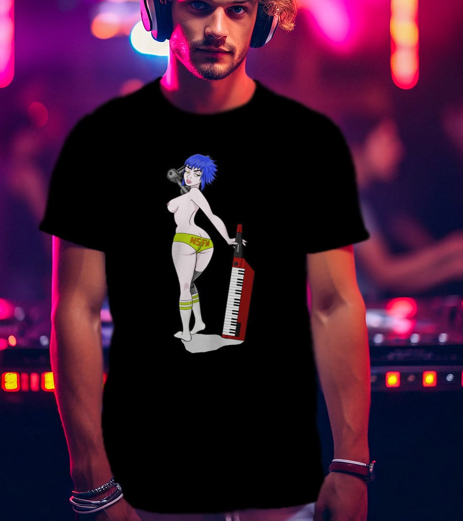 Anne Top Down 1384413 NSFW Keyboard Girl With Blue Hair And Yellow Shorts T-Shirt