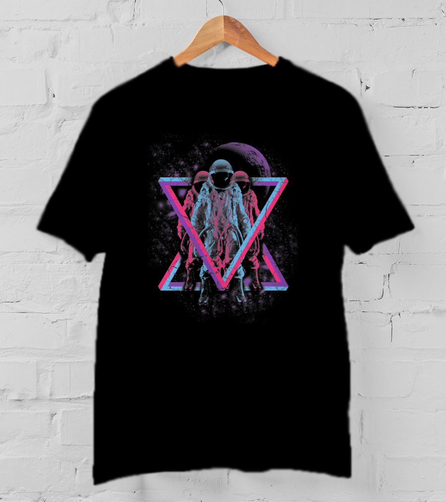 Astronomical 1707103 Neon Astronauts Geometric Space Scene T-Shirt