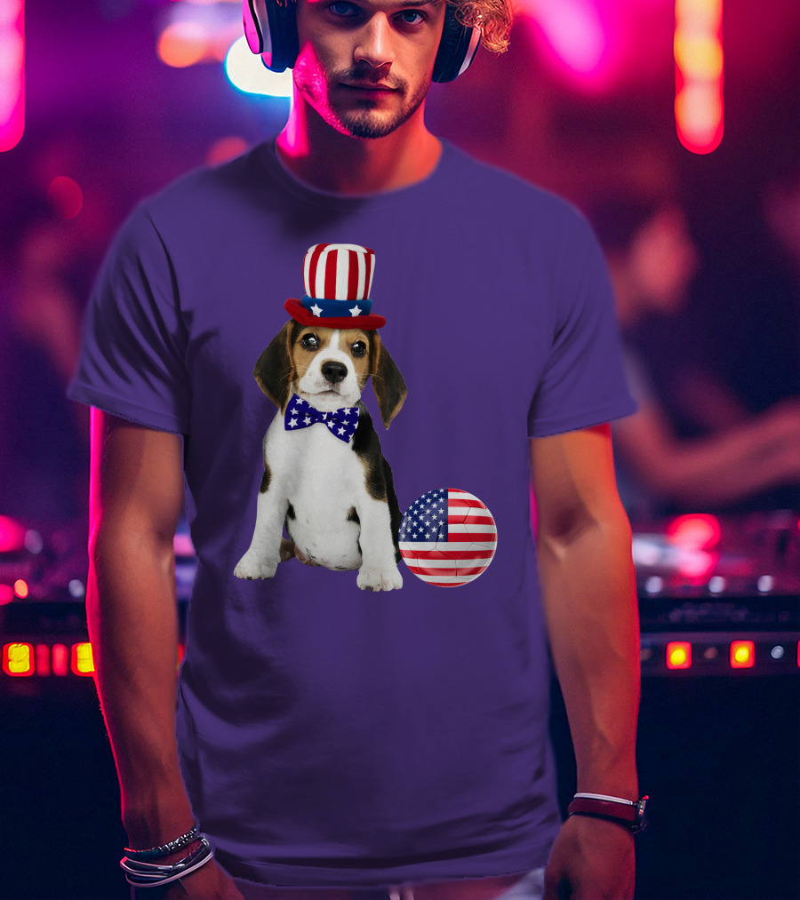 Patriotic Beagle With American Flag Hat And Bow Tie T-Shirt