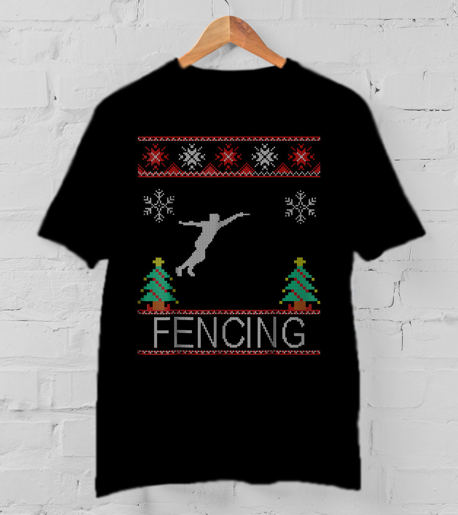 Fencing Ugly Christmas Sweater Style With Snowflakes And Trees T-Shirt