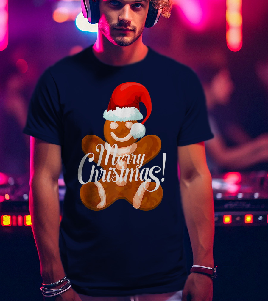Merry Christmas Gingerbread With Santa Hat T-Shirt