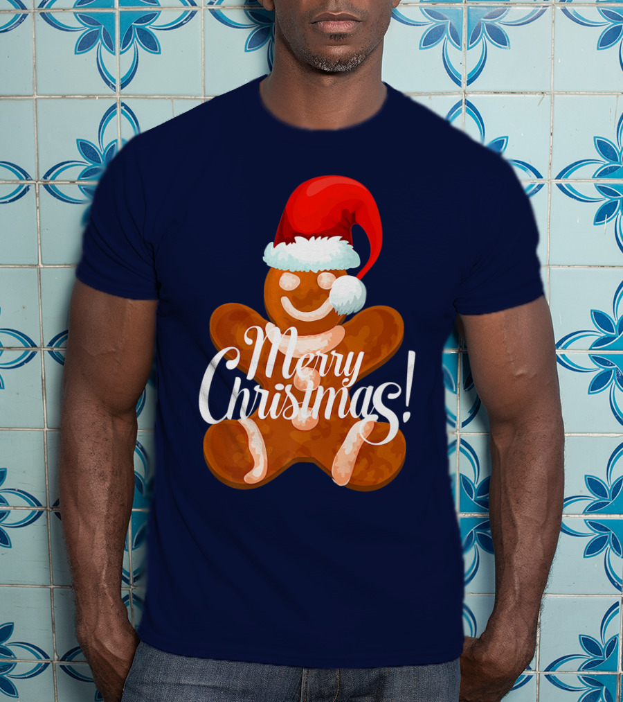 Merry Christmas Gingerbread With Santa Hat T-Shirt