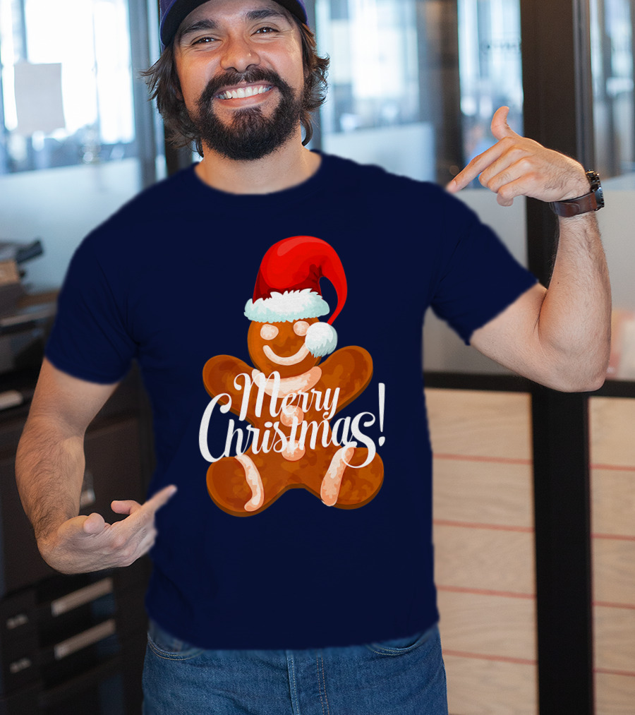 Merry Christmas Gingerbread With Santa Hat T-Shirt