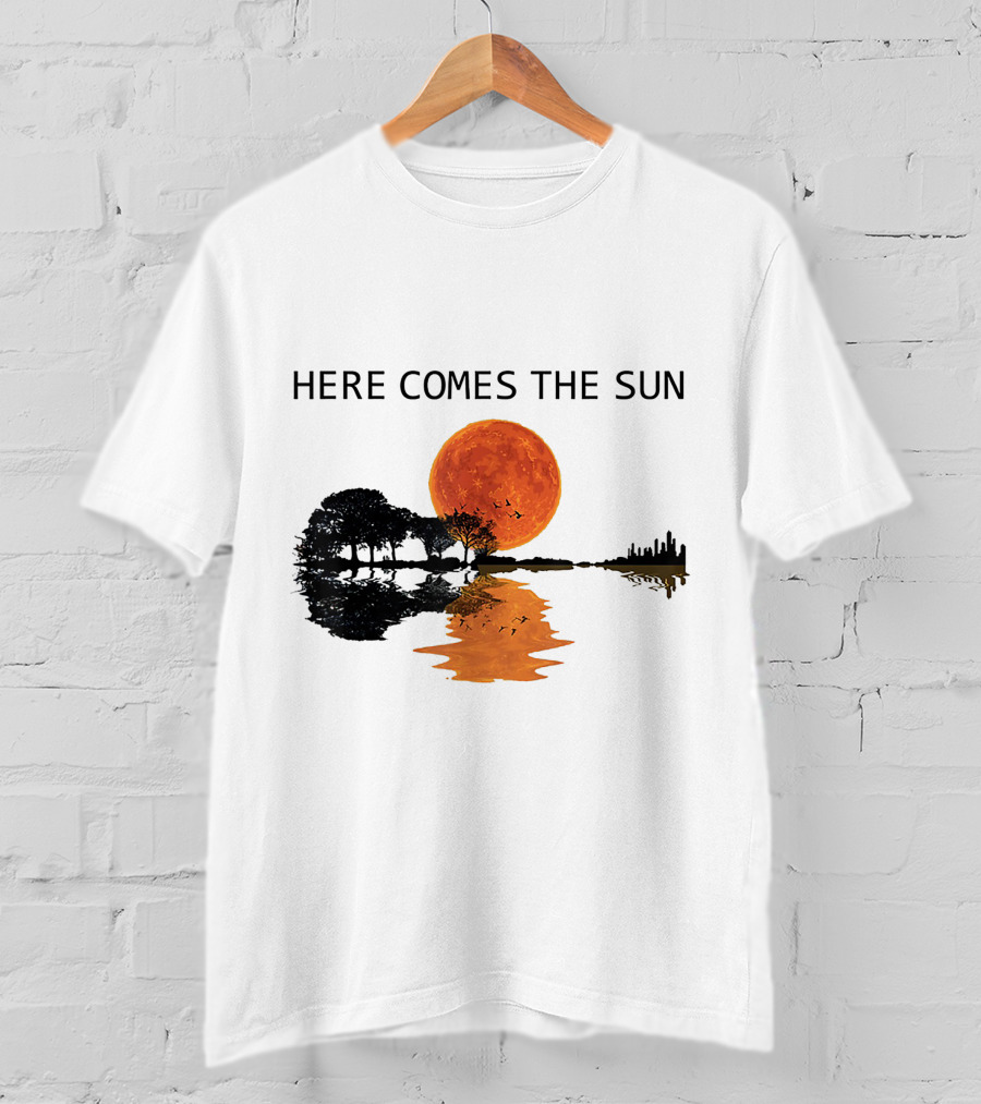 Here Comes The Sun Guitar Shadow Sunset Tree Reflection T-Shirt