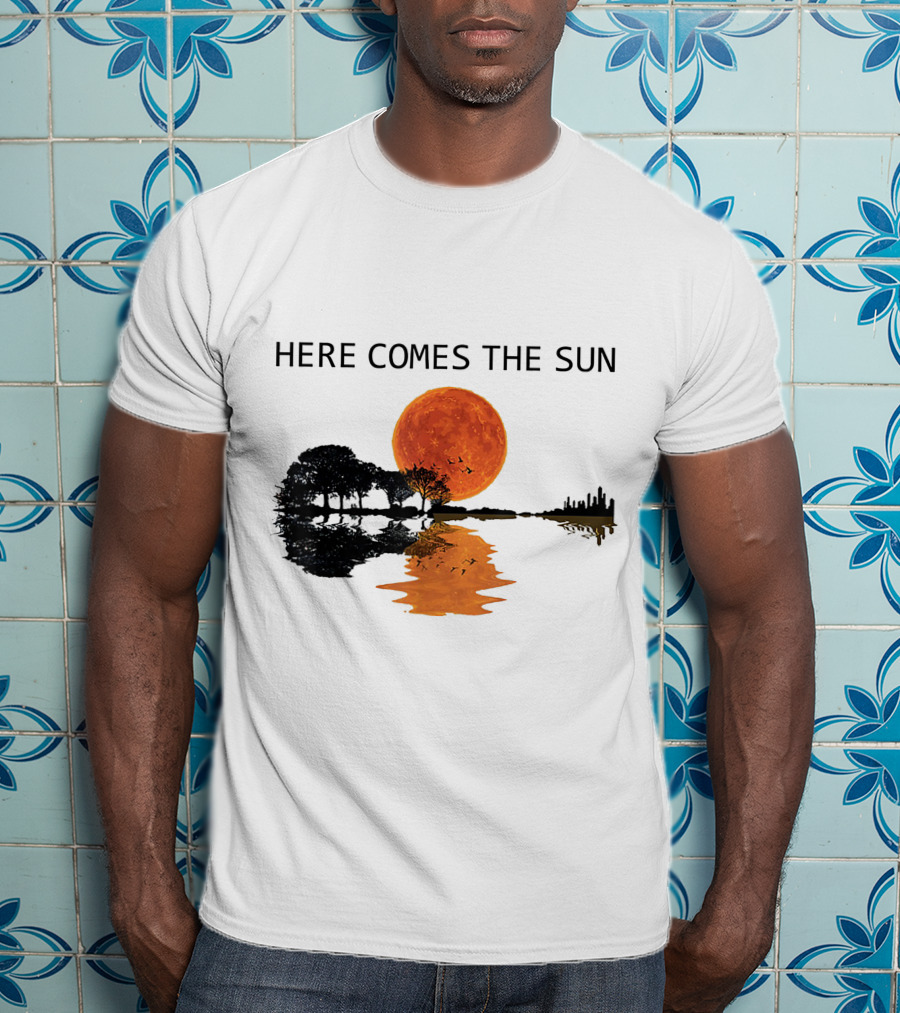 Here Comes The Sun Guitar Shadow Sunset Tree Reflection T-Shirt
