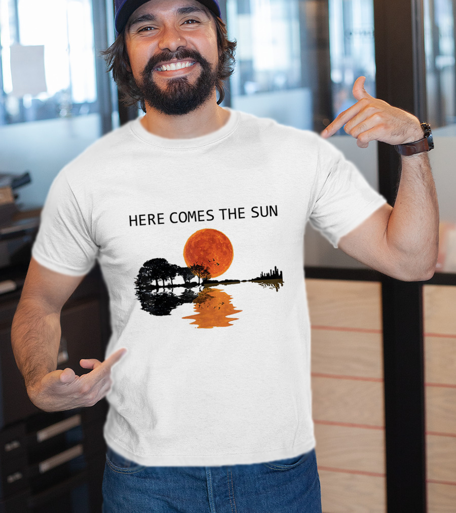 Here Comes The Sun Guitar Shadow Sunset Tree Reflection T-Shirt
