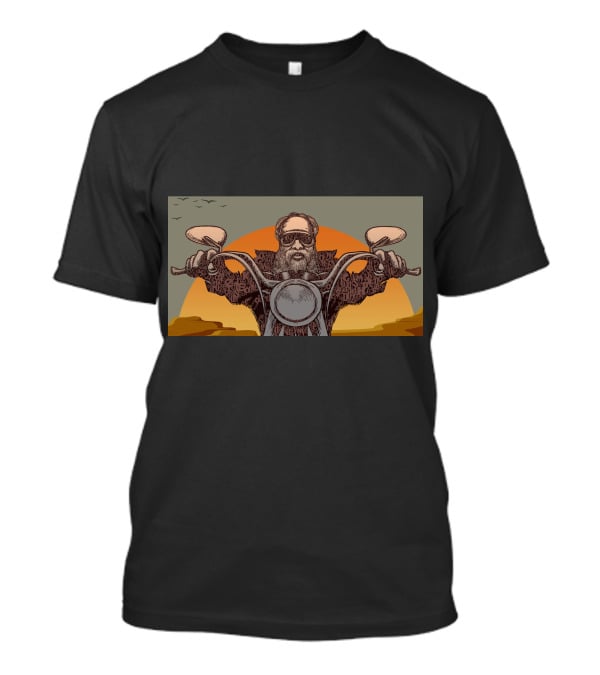 Biker Grandpa Riding Motorcycle At Sunset With Birds In Background T-Shirt