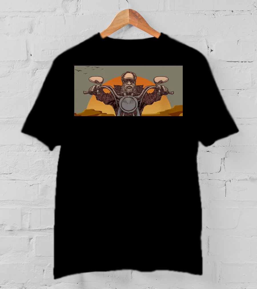 Biker Grandpa Riding Motorcycle At Sunset With Birds In Background T-Shirt