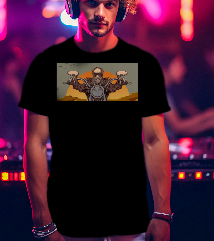 Biker Grandpa Riding Motorcycle At Sunset With Birds In Background T-Shirt