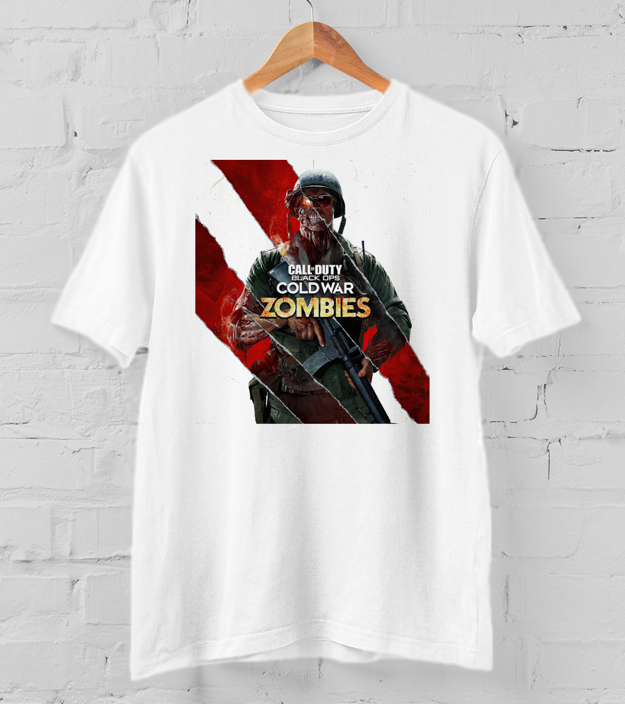 Call Of Duty Black Ops Cold War Zombies Soldier With Gun And Red Torn Stripes T-Shirt