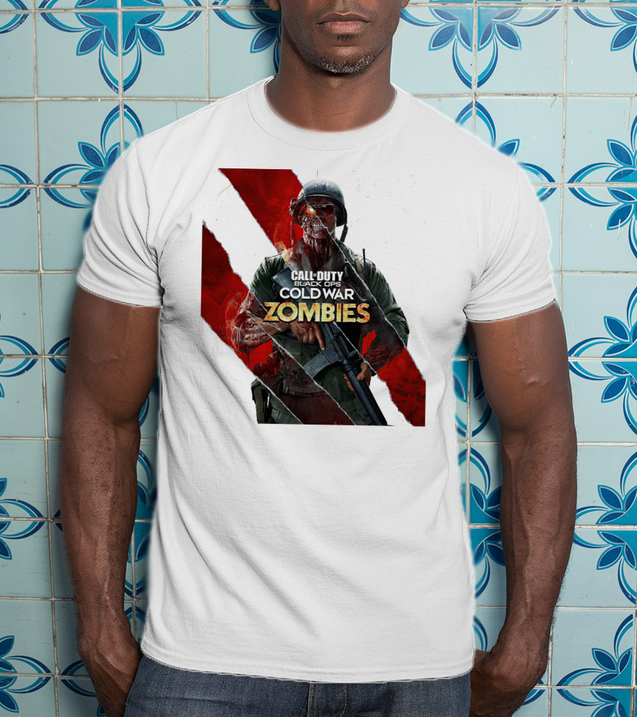 Call Of Duty Black Ops Cold War Zombies Soldier With Gun And Red Torn Stripes T-Shirt