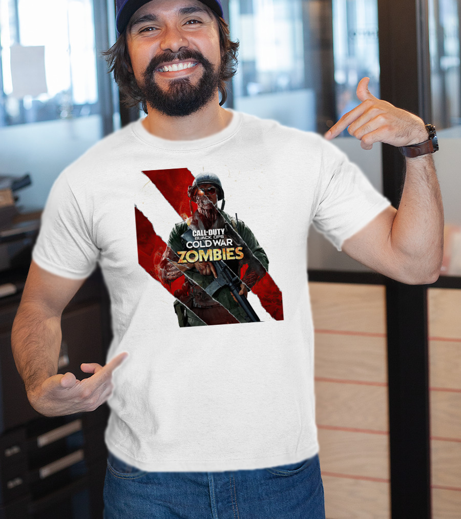 Call Of Duty Black Ops Cold War Zombies Soldier With Gun And Red Torn Stripes T-Shirt