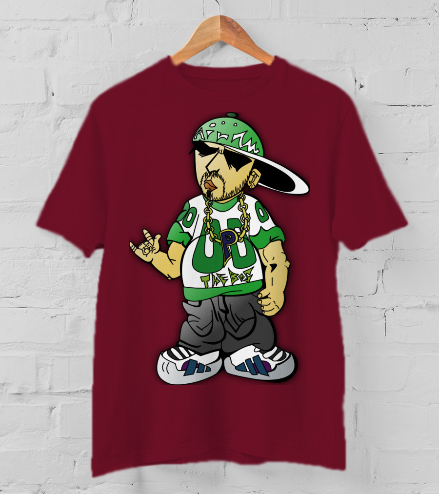HipHop Cartoon Character With UP The Posse On Green Snapback And Chain T-Shirt