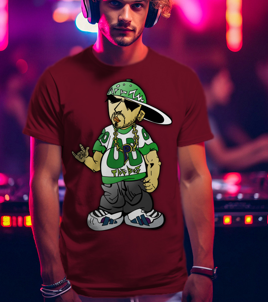 HipHop Cartoon Character With UP The Posse On Green Snapback And Chain T-Shirt