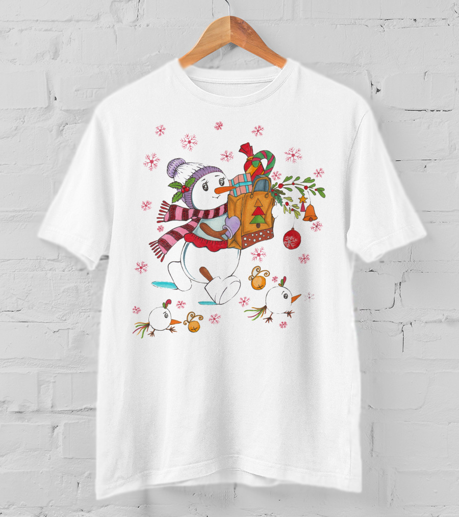 Festive Snowman With Gift Bag And Holiday Decorations T-Shirt
