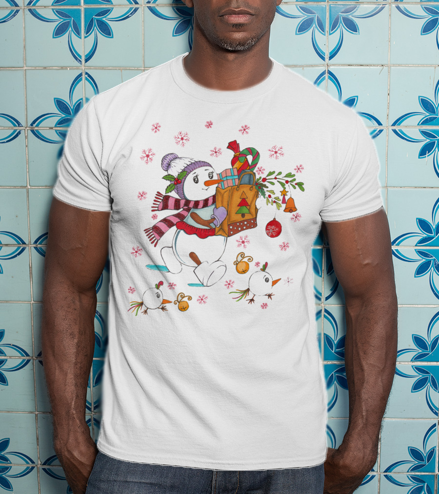 Festive Snowman With Gift Bag And Holiday Decorations T-Shirt