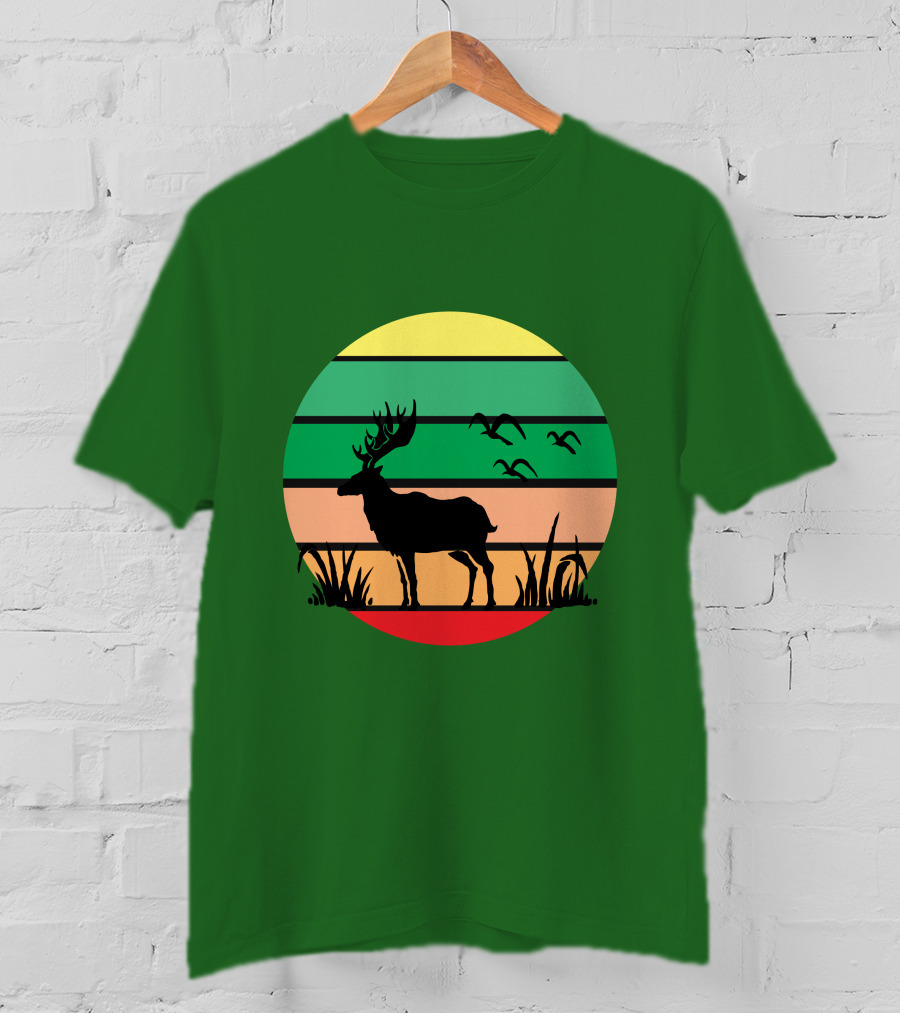 Lonely Reindeer Under The Sunset With Striped Background And Birds T-Shirt