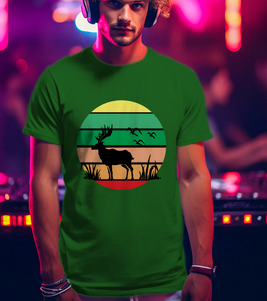 Lonely Reindeer Under The Sunset With Striped Background And Birds T-Shirt