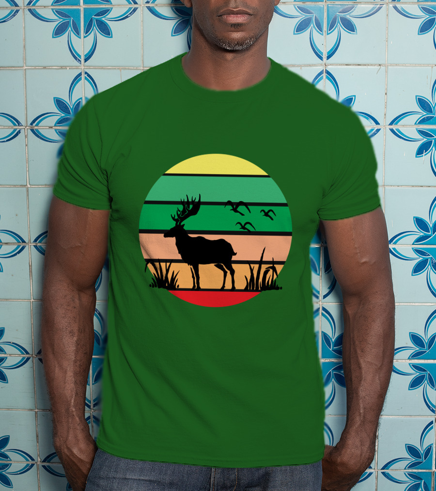 Lonely Reindeer Under The Sunset With Striped Background And Birds T-Shirt
