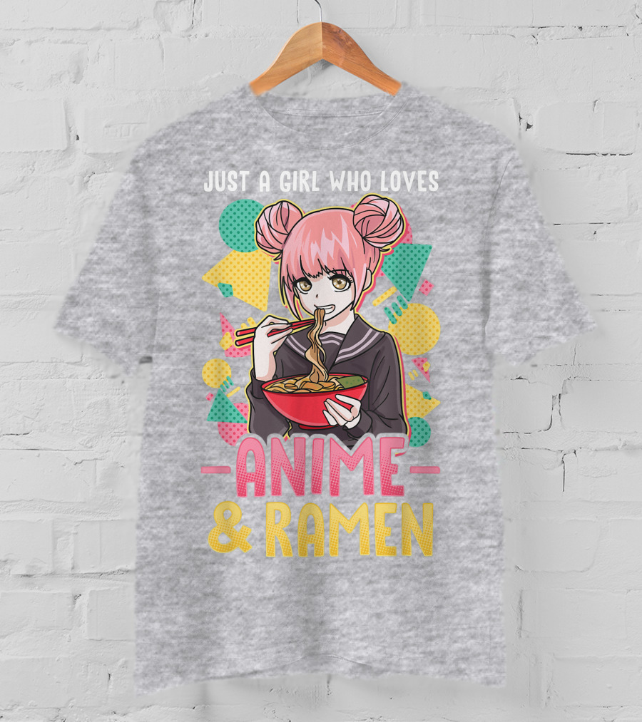 Just A Girl Who Loves Anime And Ramen With Pink-Haired Character Eating Noodles T-Shirt