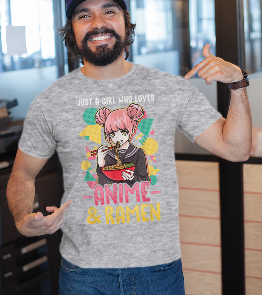 Just A Girl Who Loves Anime And Ramen With Pink-Haired Character Eating Noodles T-Shirt