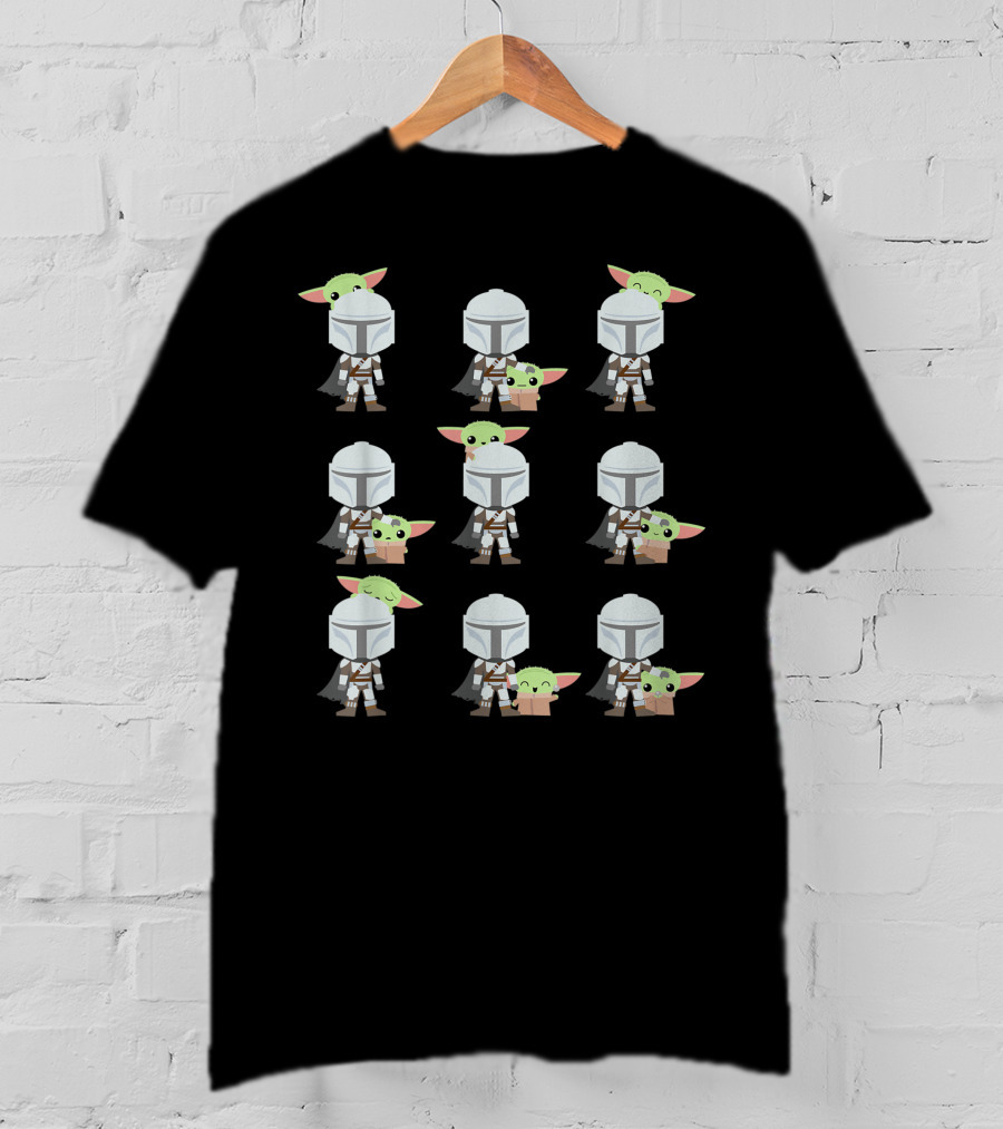 Star Wars The Mandalorian Baby Yoda Expressions Multiple Poses With Helmeted Hero T-Shirt