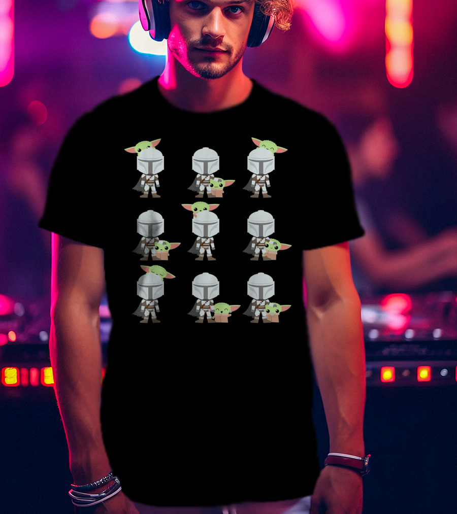 Star Wars The Mandalorian Baby Yoda Expressions Multiple Poses With Helmeted Hero T-Shirt